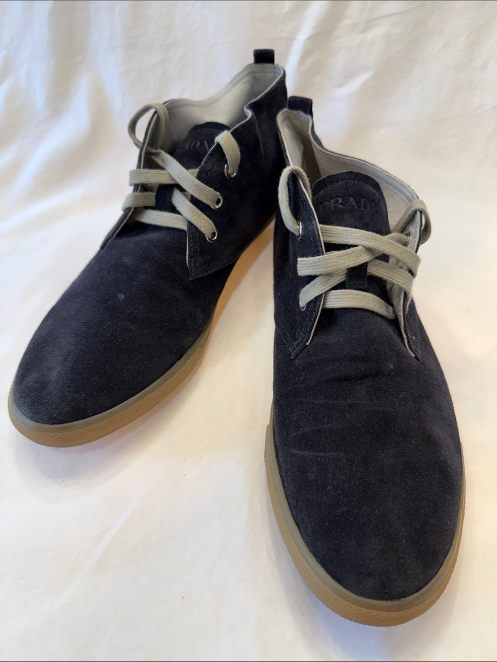 Prada Navy Suede Chukka Boots with Gum Outsole